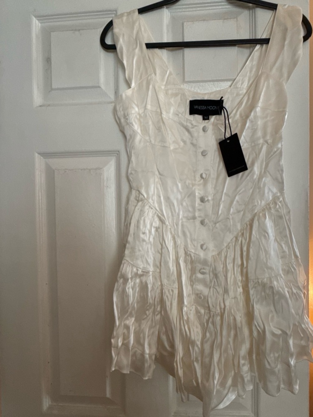 Vanessa Mooney Cream Satin Tiered Button-Front Mini Dress